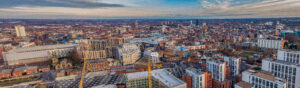 An aerial view of the city of birmingham, england.