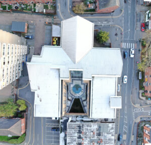 An aerial view of a building.