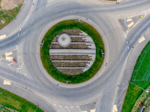 An aerial view of a circular road.