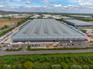 An aerial view of a large warehouse.
