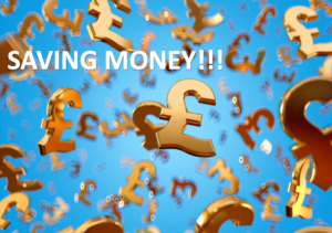 Saving money with golden pound signs flying in the air.